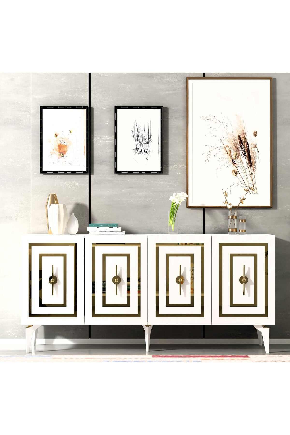 Cantek Dizayn Violla Lazer Desenli 4 Kapakli Konsol Beyaz-Altin