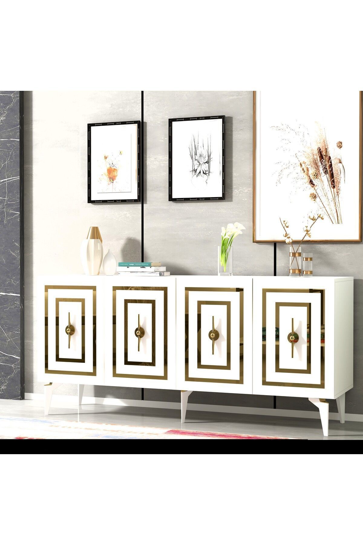 Cantek Dizayn Violla Lazer Desenli 4 Kapakli Konsol Beyaz-Altin