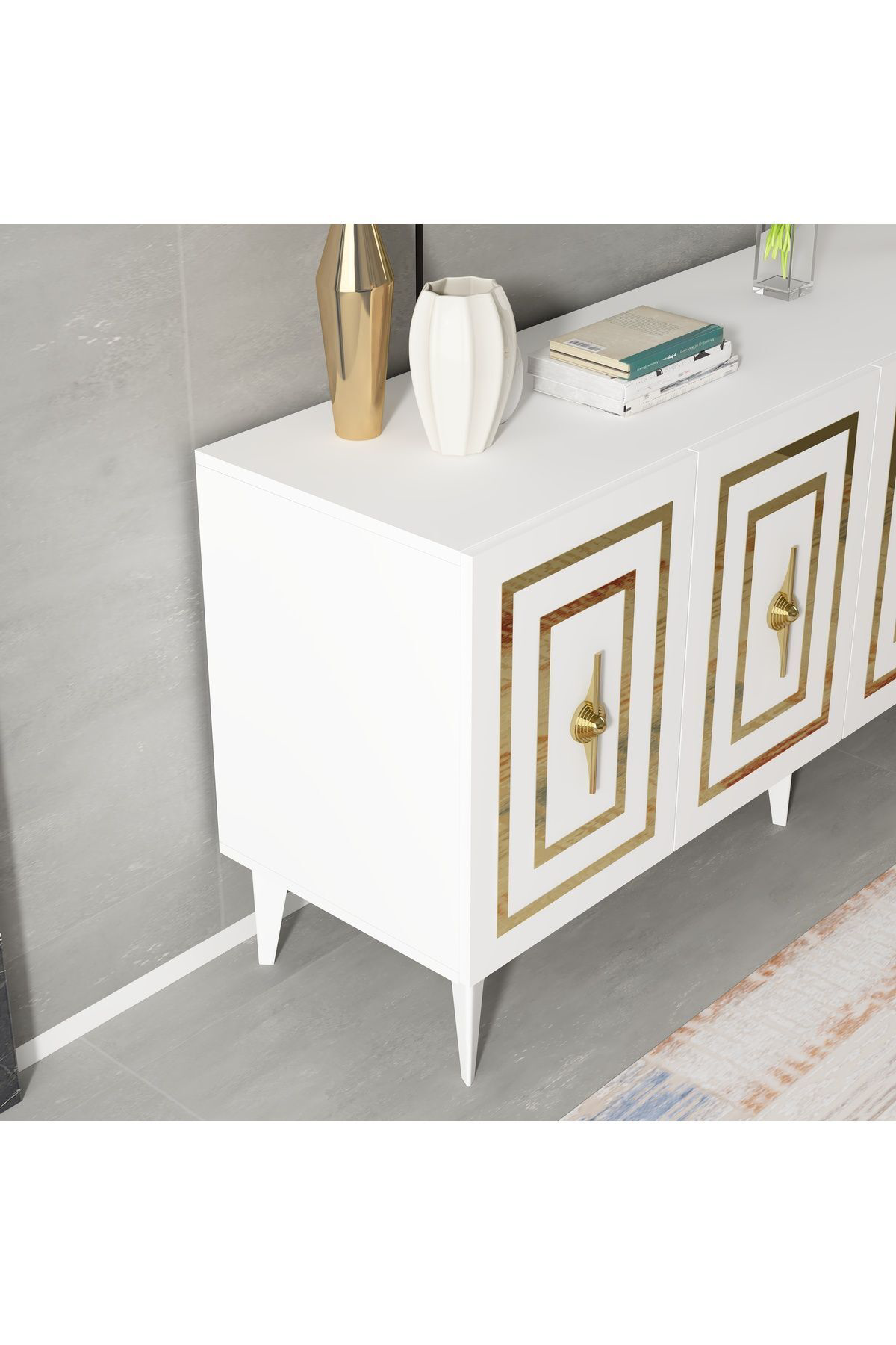 Cantek Dizayn Violla Lazer Desenli 4 Kapakli Konsol Beyaz-Altin