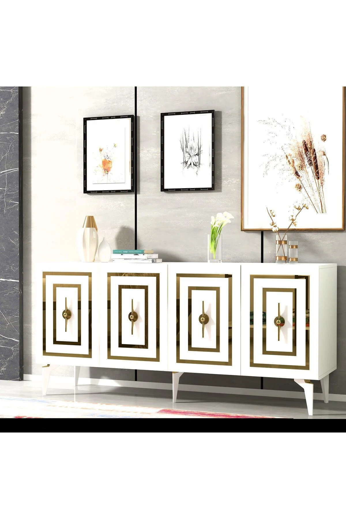 VİOLLA LAZER DESENLİ 4 KAPAKLI KONSOL BEYAZ-ALTIN