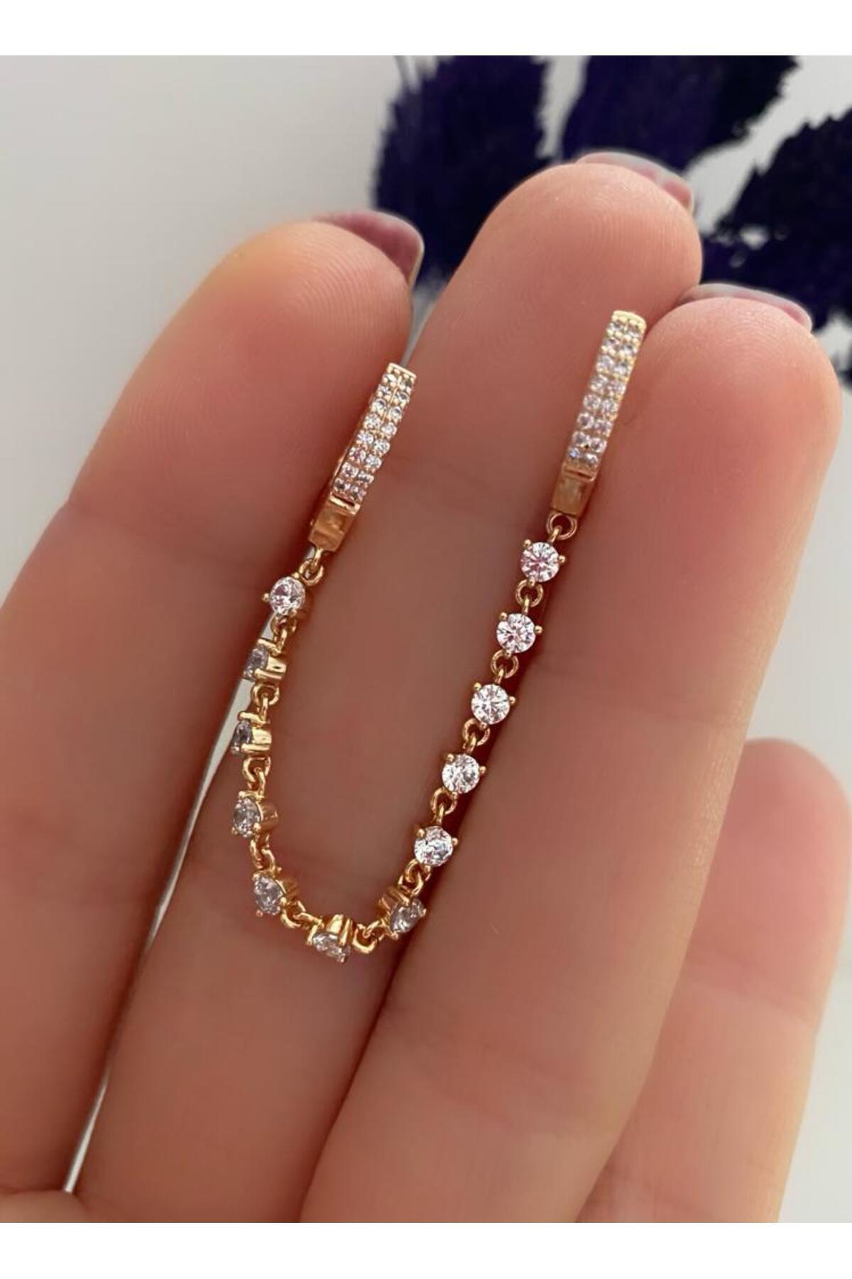 Arescollection Vip Seri Kararmaz Xuping Zirkon Taşlı Zincirli İkili Halka Küpe