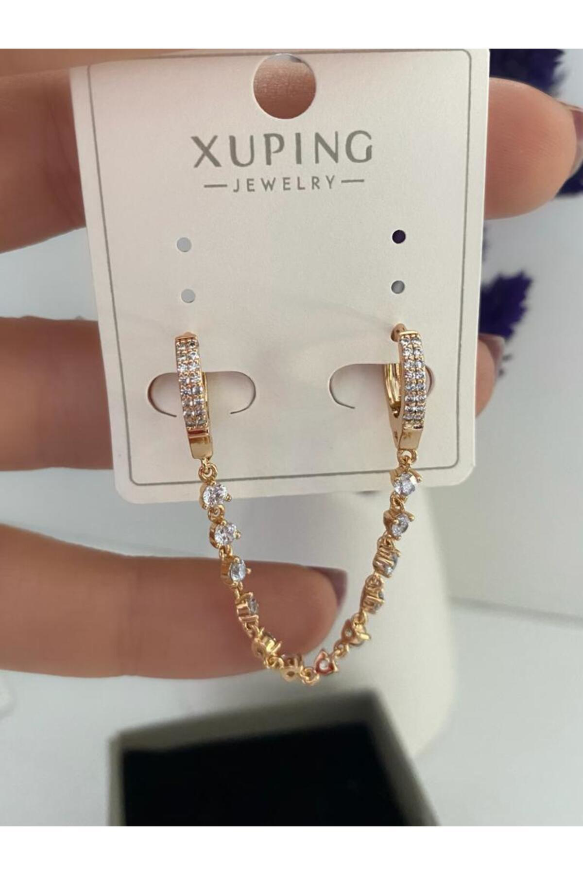 Arescollection Vip Seri Kararmaz Xuping Zirkon Taşlı Zincirli İkili Halka Küpe