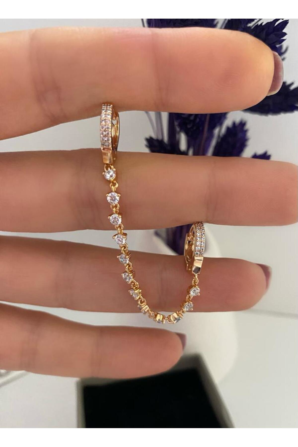 Arescollection Vip Seri Kararmaz Xuping Zirkon Taşlı Zincirli İkili Halka Küpe