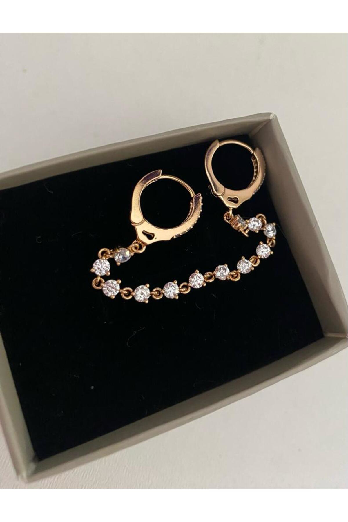 Arescollection Vip Seri Kararmaz Xuping Zirkon Taşlı Zincirli İkili Halka Küpe