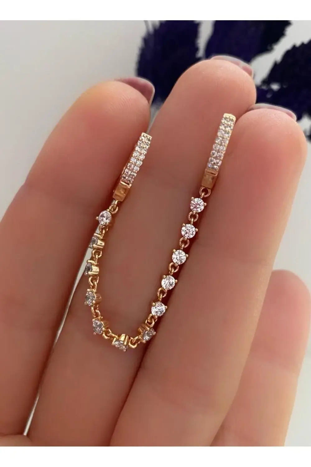 Arescollection Vip Seri Kararmaz Xuping Zirkon Taşlı Zincirli İkili Halka Küpe