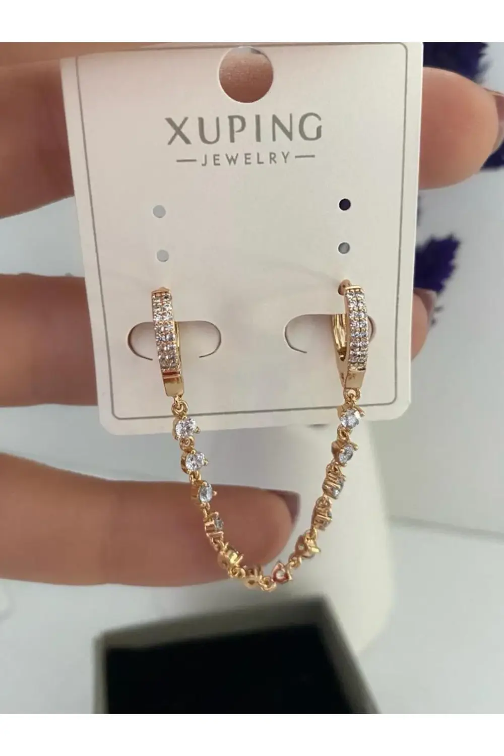 Arescollection Vip Seri Kararmaz Xuping Zirkon Taşlı Zincirli İkili Halka Küpe