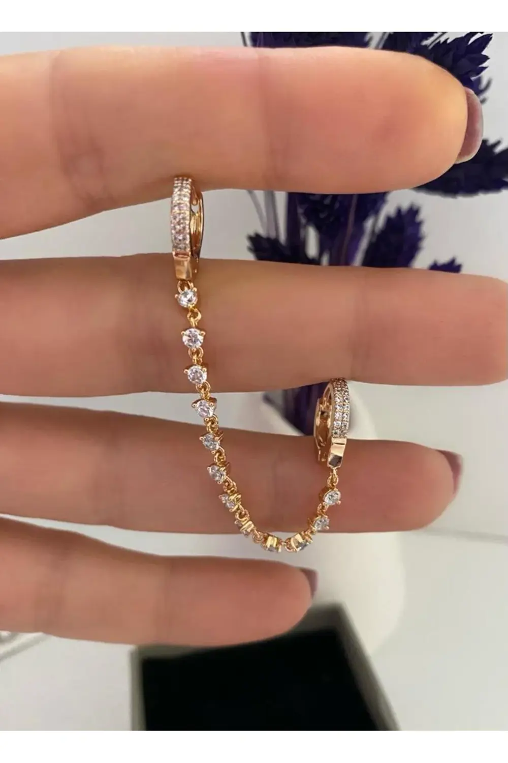 Arescollection Vip Seri Kararmaz Xuping Zirkon Taşlı Zincirli İkili Halka Küpe