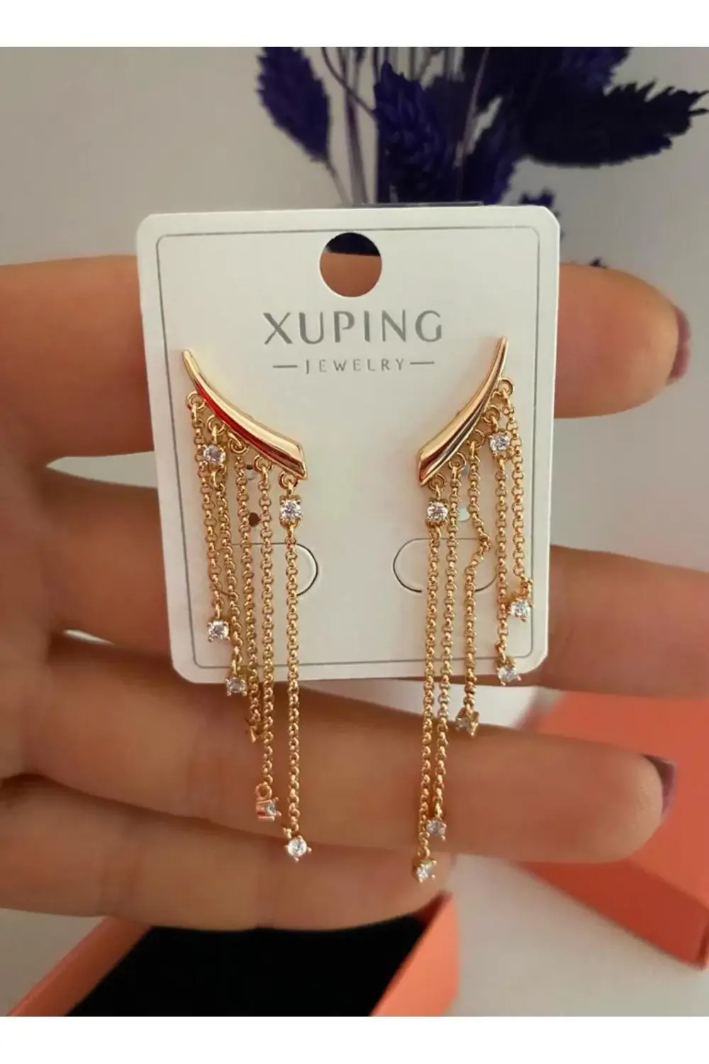 Arescollection Vip Seri Kararmaz Xuping Zirkon Taşlı Zincirli Küpe