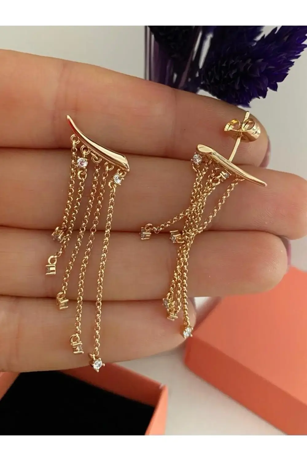 Arescollection Vip Seri Kararmaz Xuping Zirkon Taşlı Zincirli Küpe