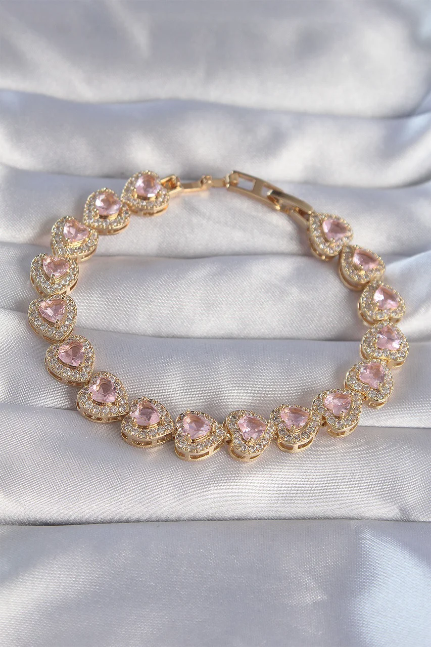 Vip Seri Pirinç Gold Renk Pembe Zirkon Taşlı Kalp Tasarımlı Bileklik Tj-bb6127 Diğer