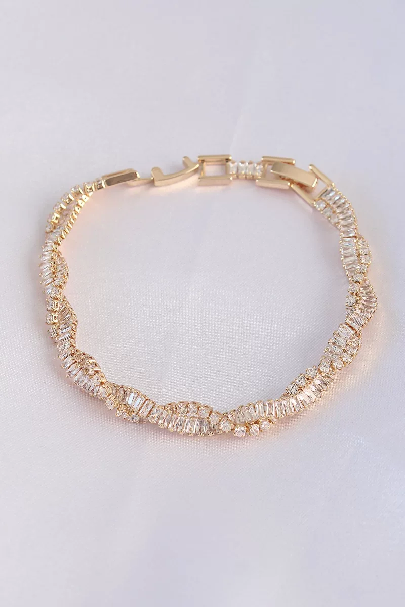 Vip Seri Pirinç Zirkon Taşlı Gold Renk Sarmal Model Bileklik - Lisinya