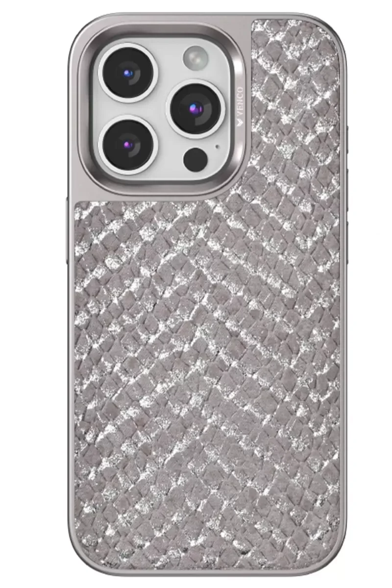 Viper Kapak iPhone 14 Pro ile Uyumlu - Titan Gri Yılan Derisi Desenli Premium Telefon Kılıfı