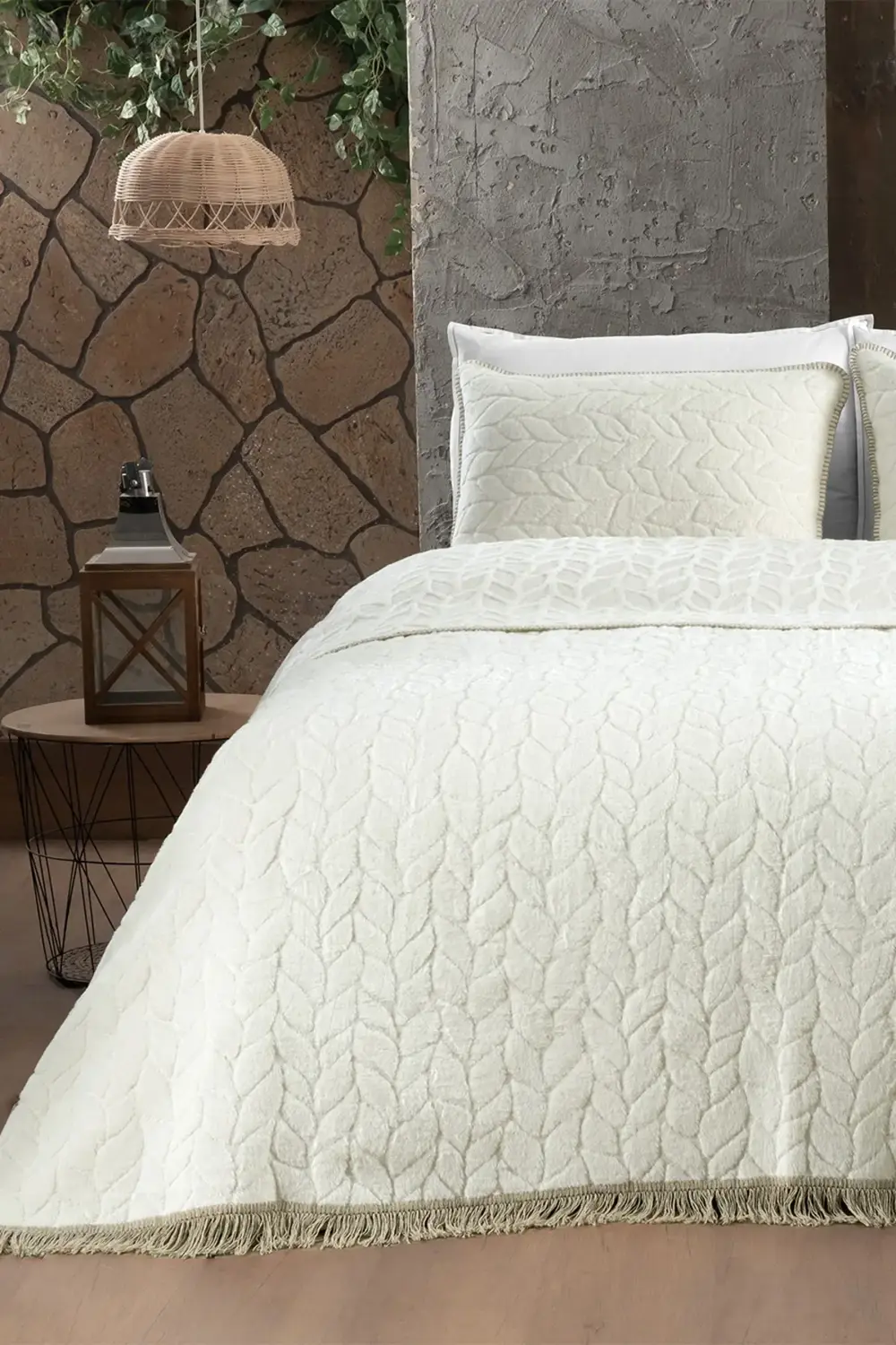 Virgo Ekru Çift Kişilik Yastık Kılıflı Battaniye/Yatak Örtüsü Set