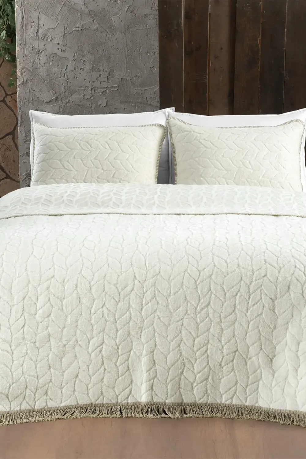 Virgo Ekru Çift Kişilik Yastık Kılıflı Battaniye/Yatak Örtüsü Set