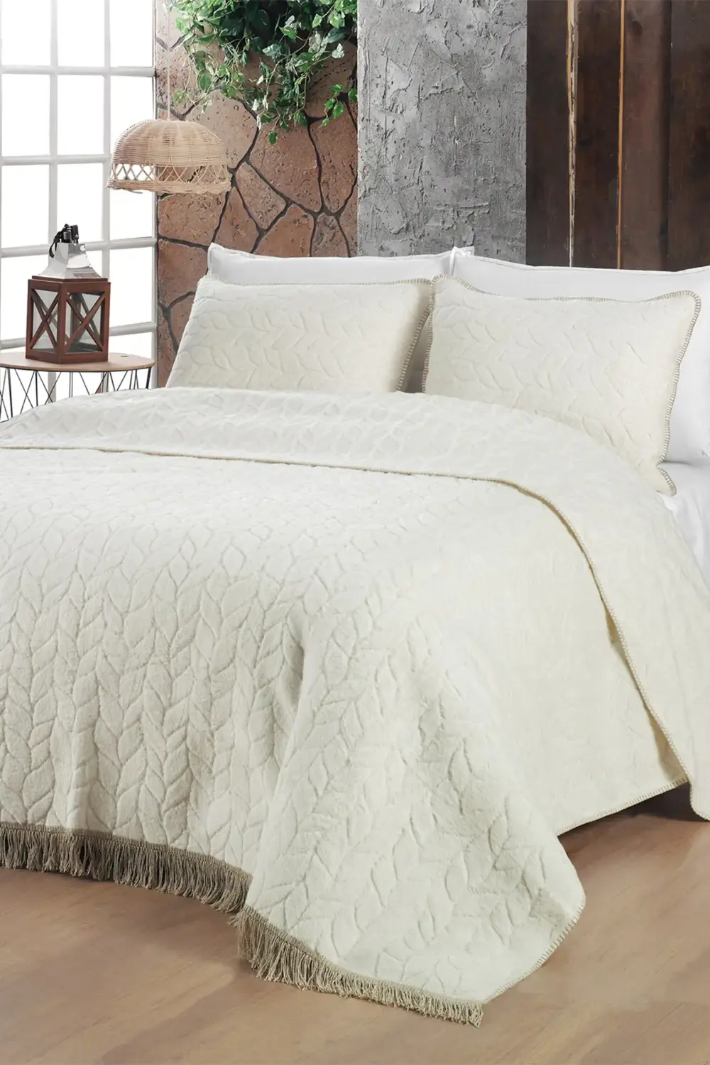 Virgo Ekru Çift Kişilik Yastık Kılıflı Battaniye/Yatak Örtüsü Set