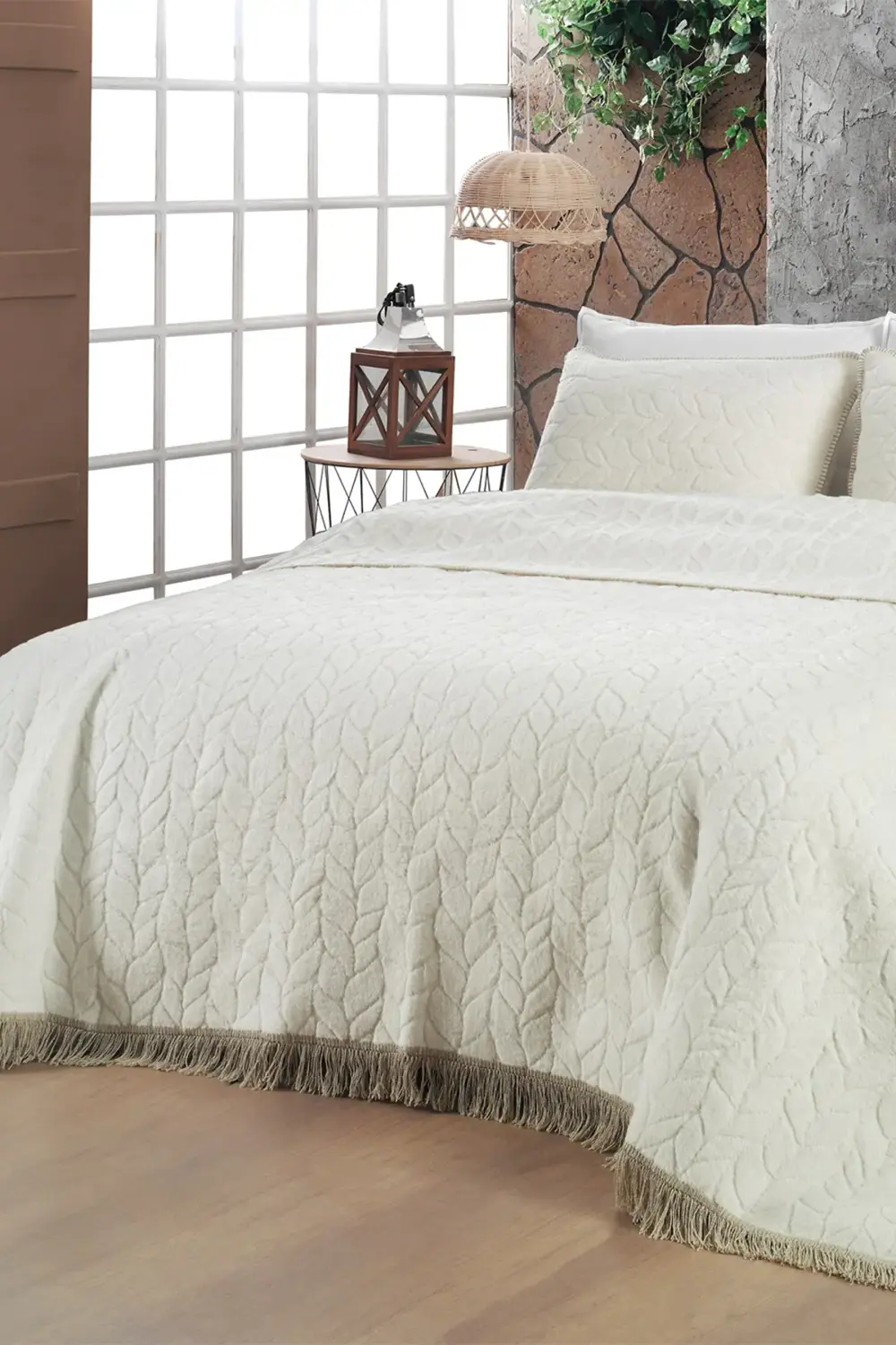 Virgo Ekru Çift Kişilik Yastık Kılıflı Battaniye/Yatak Örtüsü Set