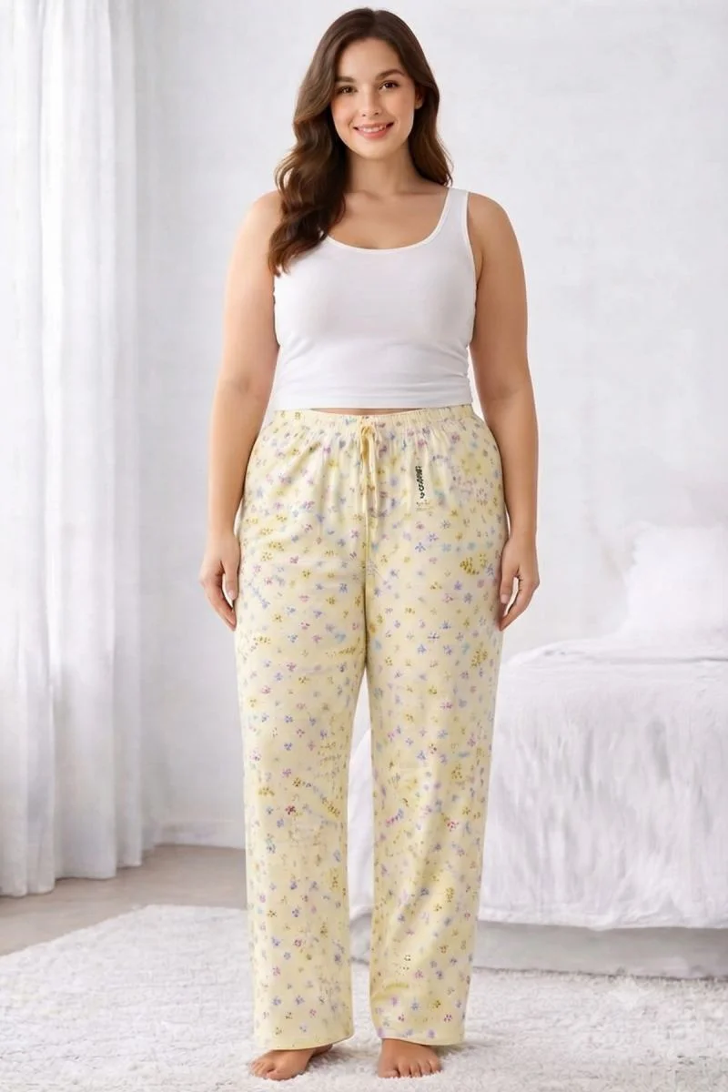 Viskon Pamuklu Kadın Büyük Beden Açık Sarı Desenli Pijama Pantolo