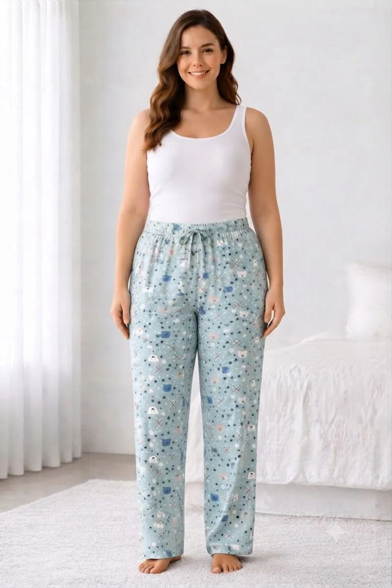 Viskon Pamuklu Kadın Büyük Beden Deniz Mavisi Desenli Pijama Pant