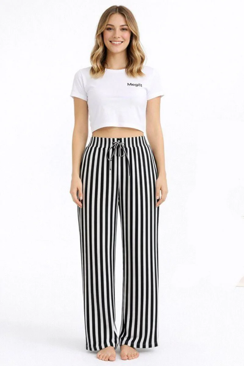 Viskon Pamuklu Kadın Siyah Çizgili Pijama Pantolon - MG001 - Muda