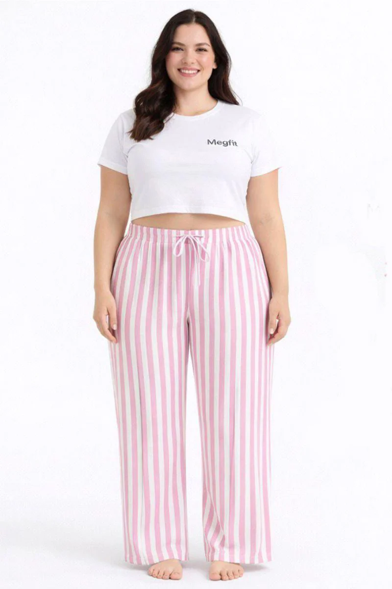 Viskon Pamuklu Kadın Büyük Beden Pudra Pembe Çizgili Pijama Panto