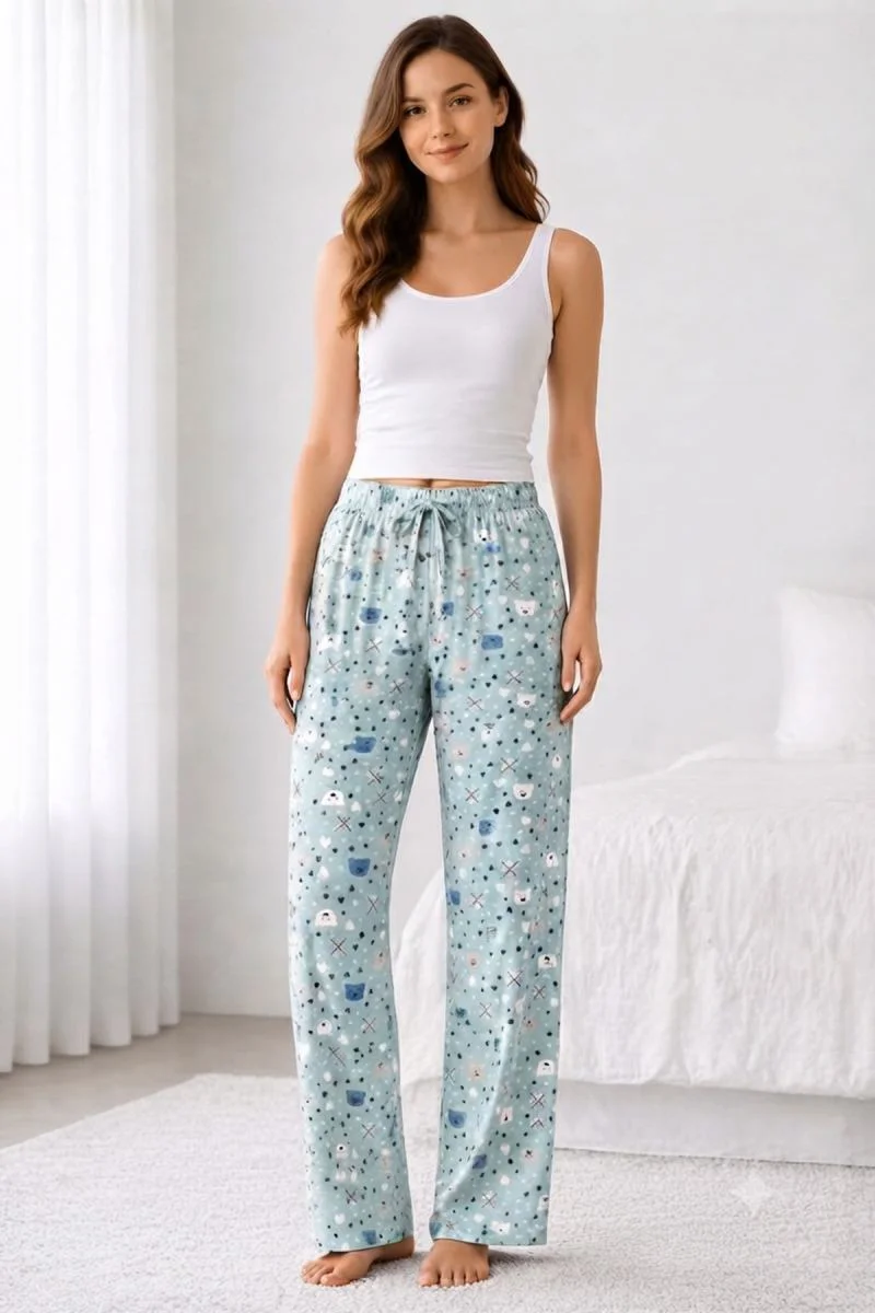 Viskon Pamuklu Kadın Deniz Mavisi Desenli Pijama Pantolon - MG012