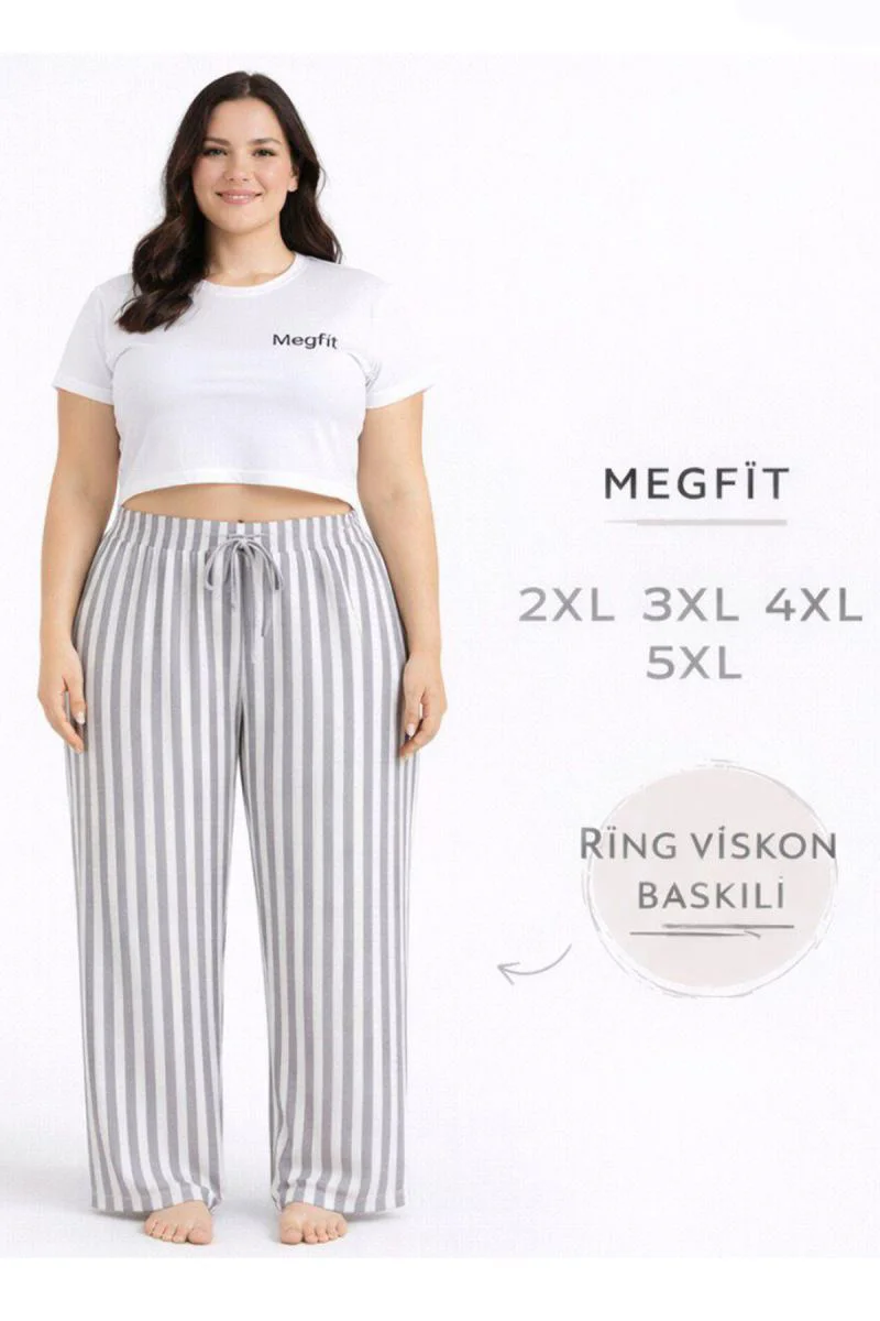 Viskon Pamuklu Kadın Büyük Beden Açık Gri Çizgili Pijama Pantolon