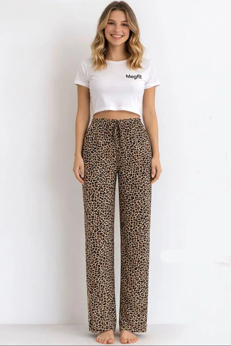 Viskon Pamuklu Kadın Leopar Desenli Pijama Pantolon - MG005 - Mud