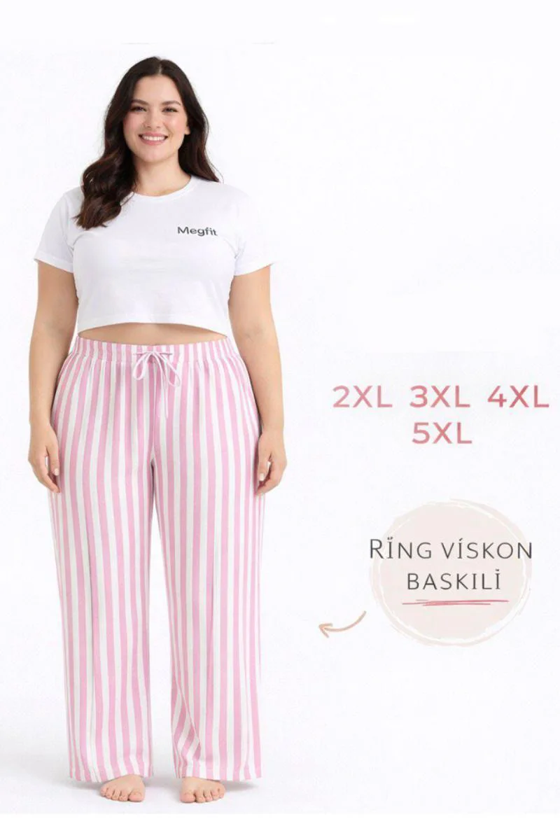 Viskon Pamuklu Kadın Büyük Beden Pudra Pembe Çizgili Pijama Panto
