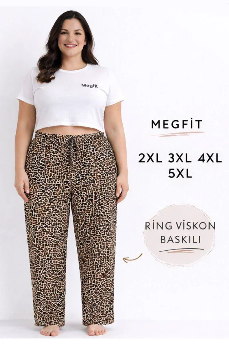 Viskon Pamuklu Kadın Büyük Beden Leopar Desenli Pijama Pantolon -