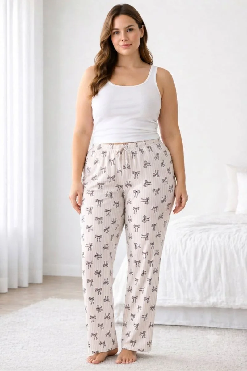 Viskon Pamuklu Kadın Büyük Beden Pudra Desenli Pijama Pantolon - 