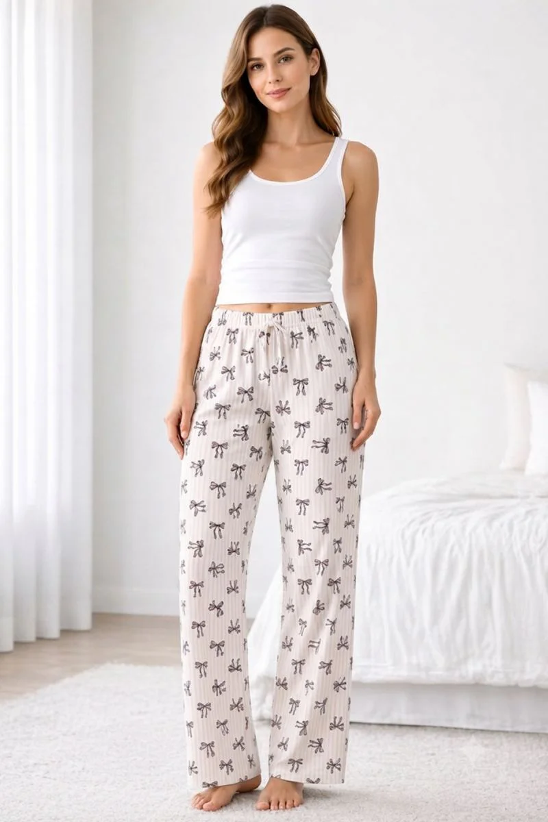Viskon Pamuklu Kadın Pudra Desenli Pijama Pantolon - MG009 - Muda