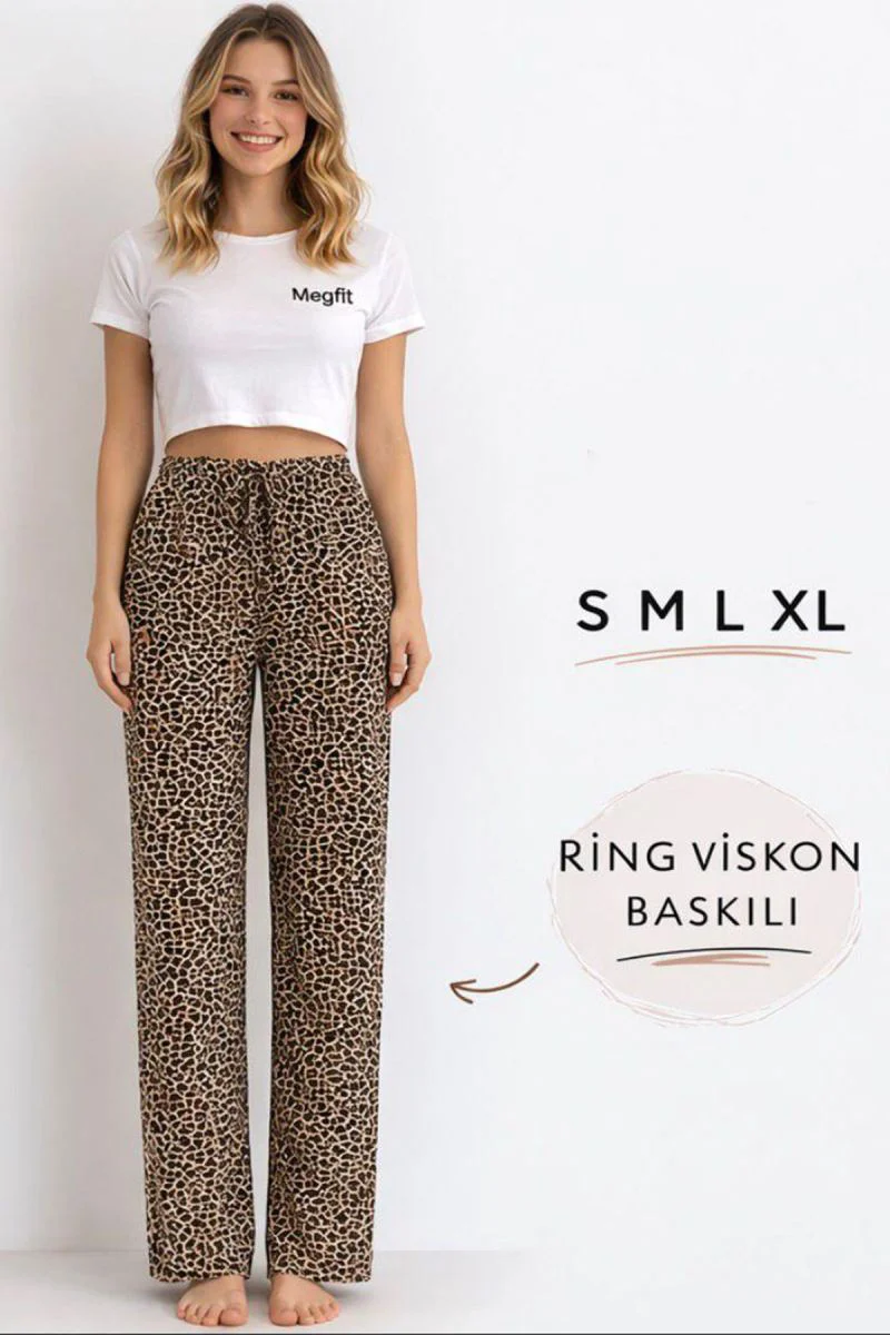 Viskon Pamuklu Kadın Leopar Desenli Pijama Pantolon - MG005 - Mud
