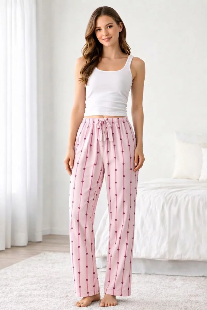 Viskon Pamuklu Kadın Açık Pembe Desenli Pijama Pantolon - MG007 -