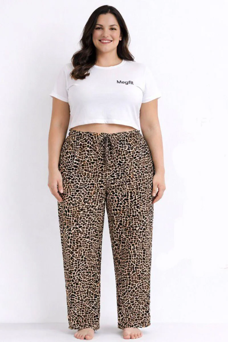 Viskon Pamuklu Kadın Büyük Beden Leopar Desenli Pijama Pantolon -