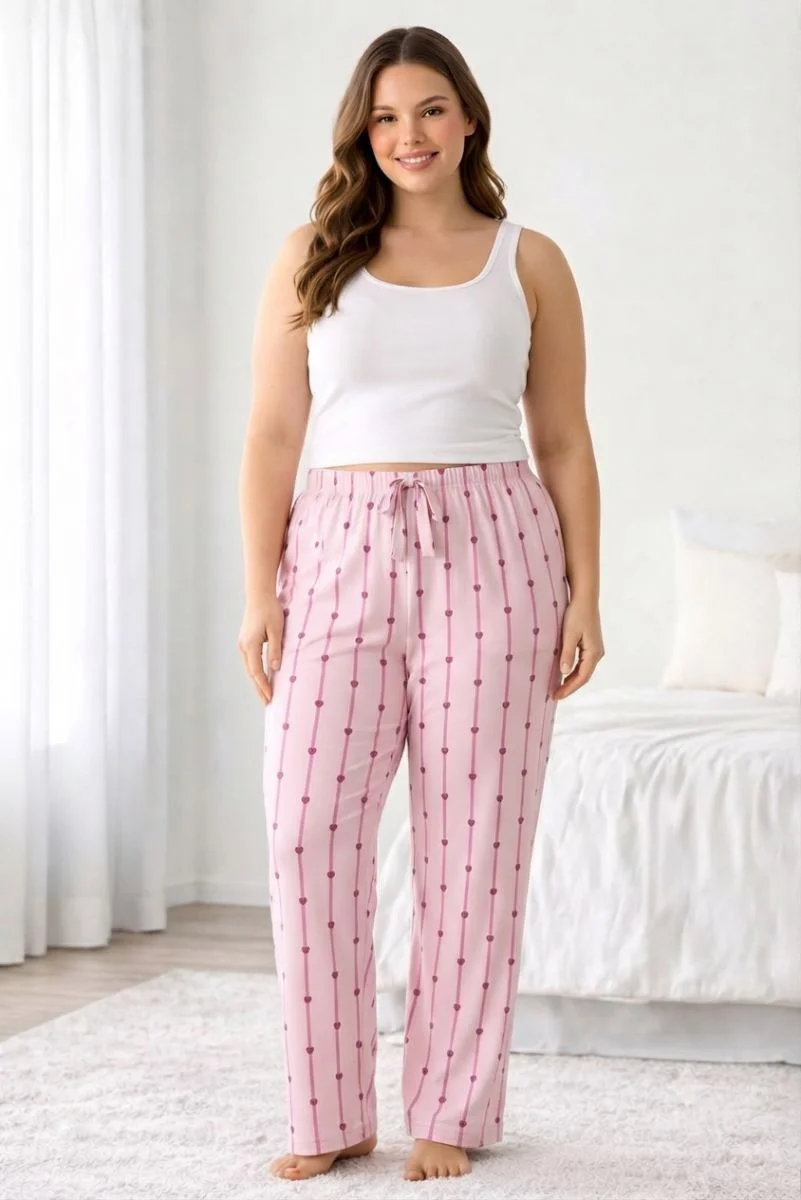 Viskon Pamuklu Kadın Büyük Beden Açık Pembe Desenli Pijama Pantol