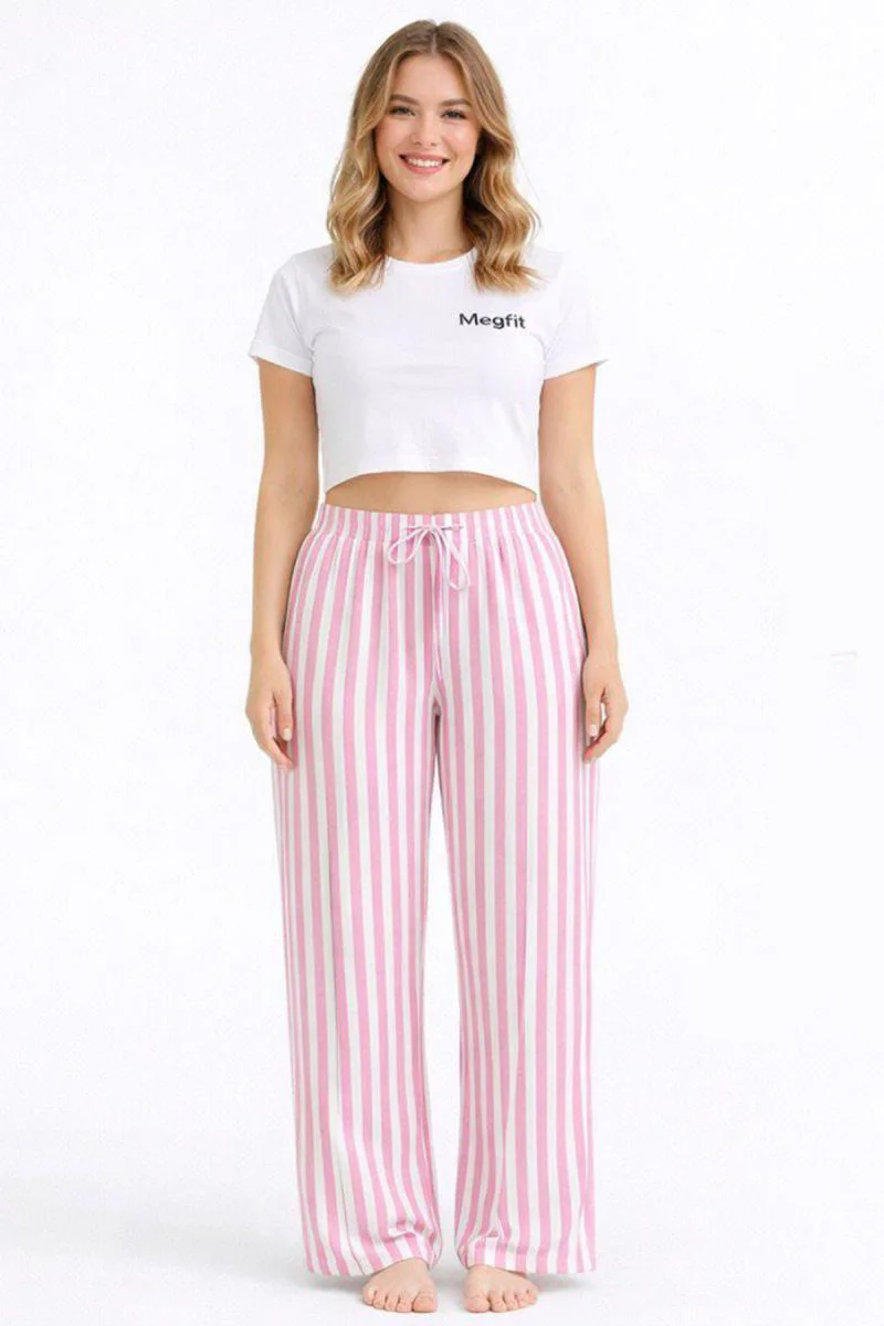 Viskon Pamuklu Kadın Pudra Pembe Çizgili Pijama Pantolon - MG004 