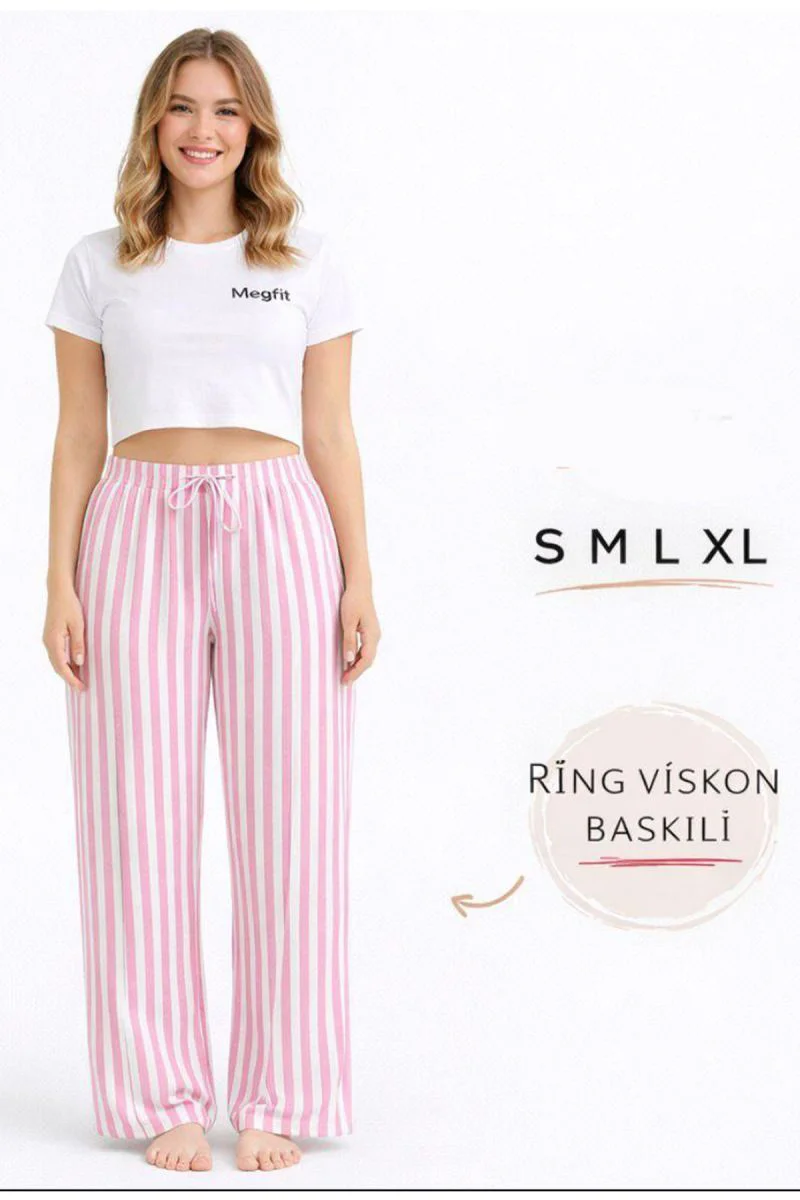 Viskon Pamuklu Kadın Pudra Pembe Çizgili Pijama Pantolon - MG004 
