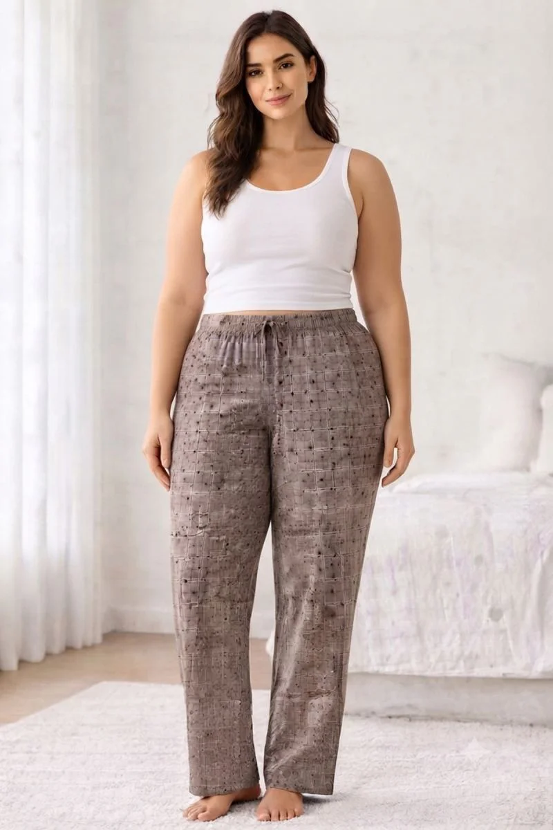 Viskon Pamuklu Kadın Büyük Beden Gri Desenli Pijama Pantolon - MG