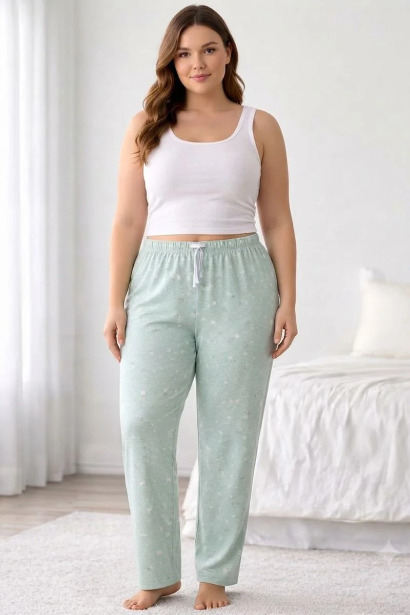 Viskon Pamuklu Kadın Büyük Beden Açık Gri Desenli Pijama Pantolon