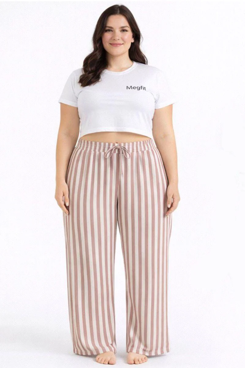 Viskon Pamuklu Kadın Büyük Beden Gül Kurusu Çizgili Pijama Pantol