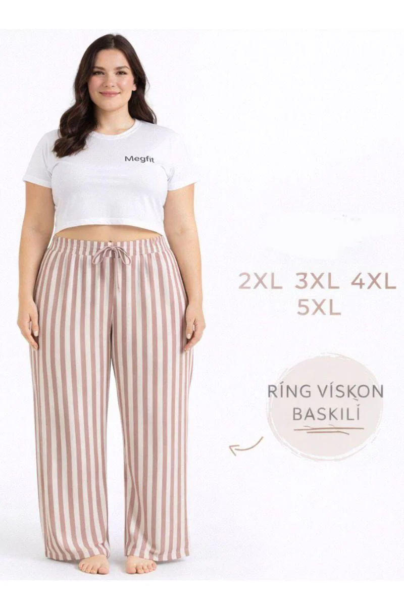 Viskon Pamuklu Kadın Büyük Beden Gül Kurusu Çizgili Pijama Pantol