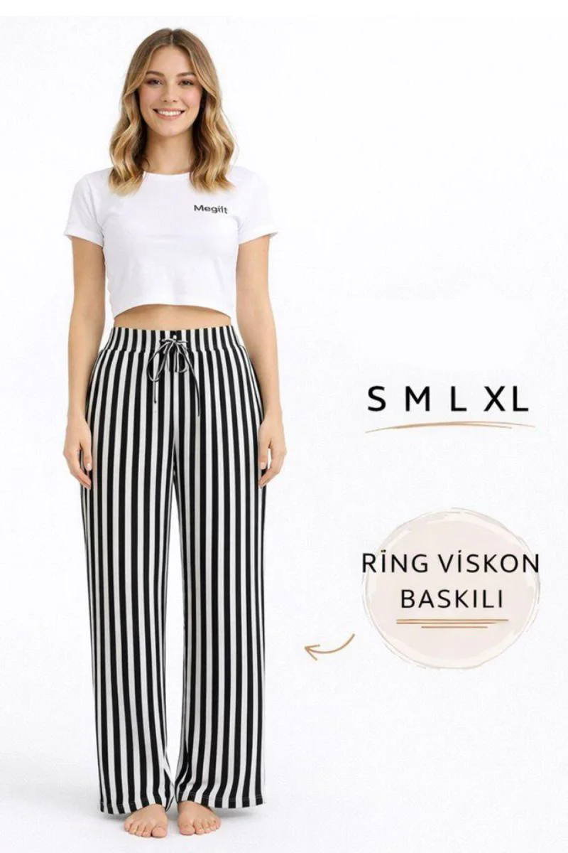 Viskon Pamuklu Kadın Siyah Çizgili Pijama Pantolon - MG001 - Muda