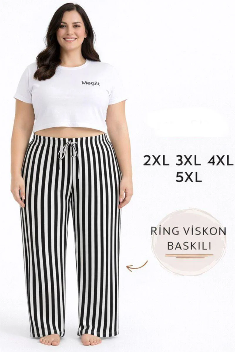Viskon Pamuklu Kadın Büyük Beden Siyah Çizgili Pijama Pantolon - 