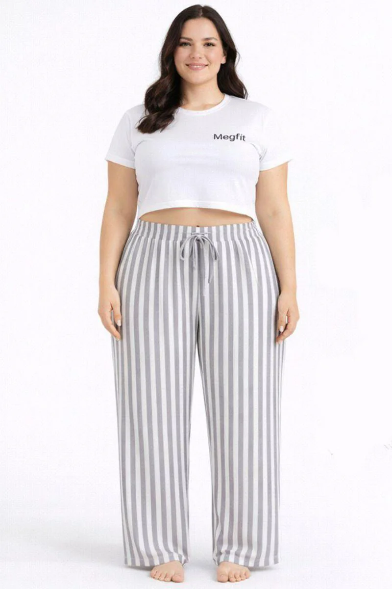 Viskon Pamuklu Kadın Büyük Beden Açık Gri Çizgili Pijama Pantolon