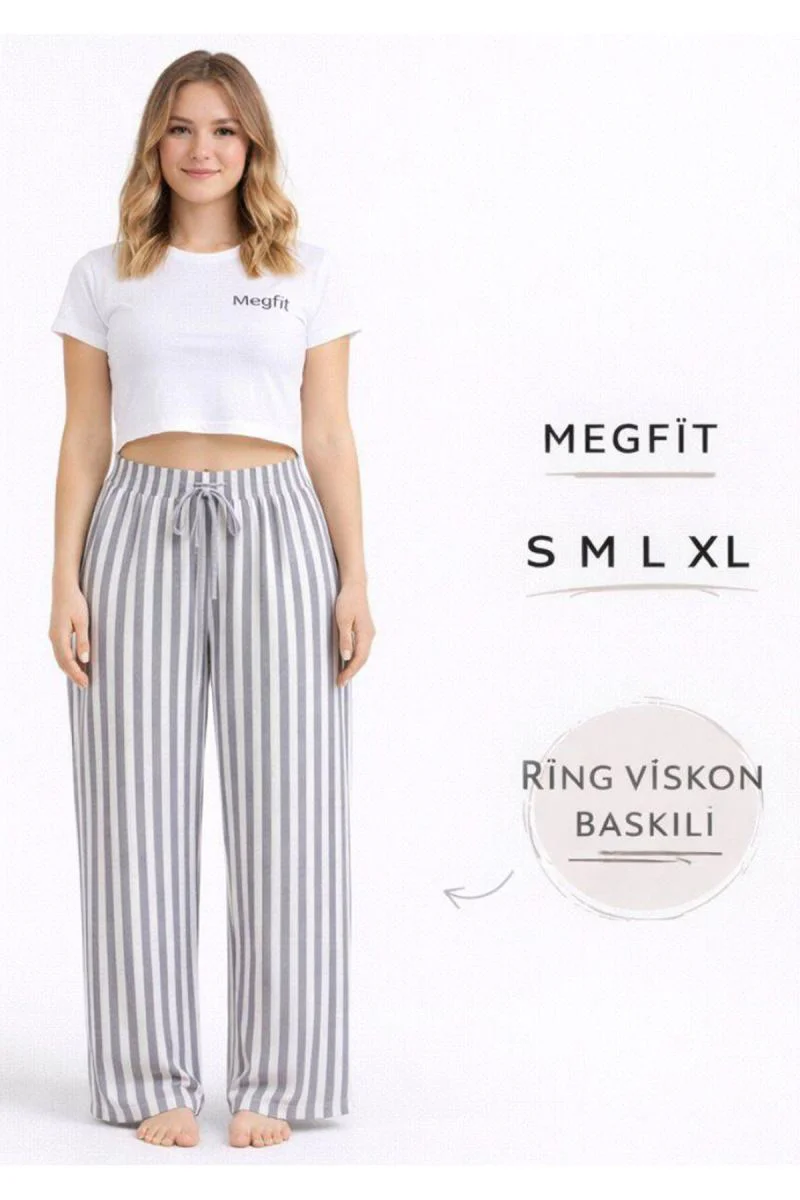 Viskon Pamuklu Kadın Açık Gri Çizgili Pijama Pantolon - MG006 - M