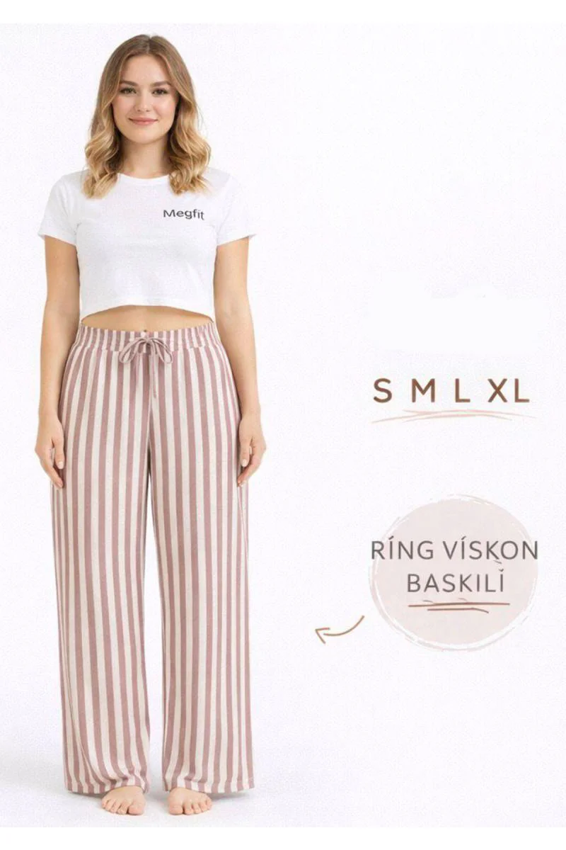 Viskon Pamuklu Kadın Gül Kurusu Çizgili Pijama Pantolon - MG003 -