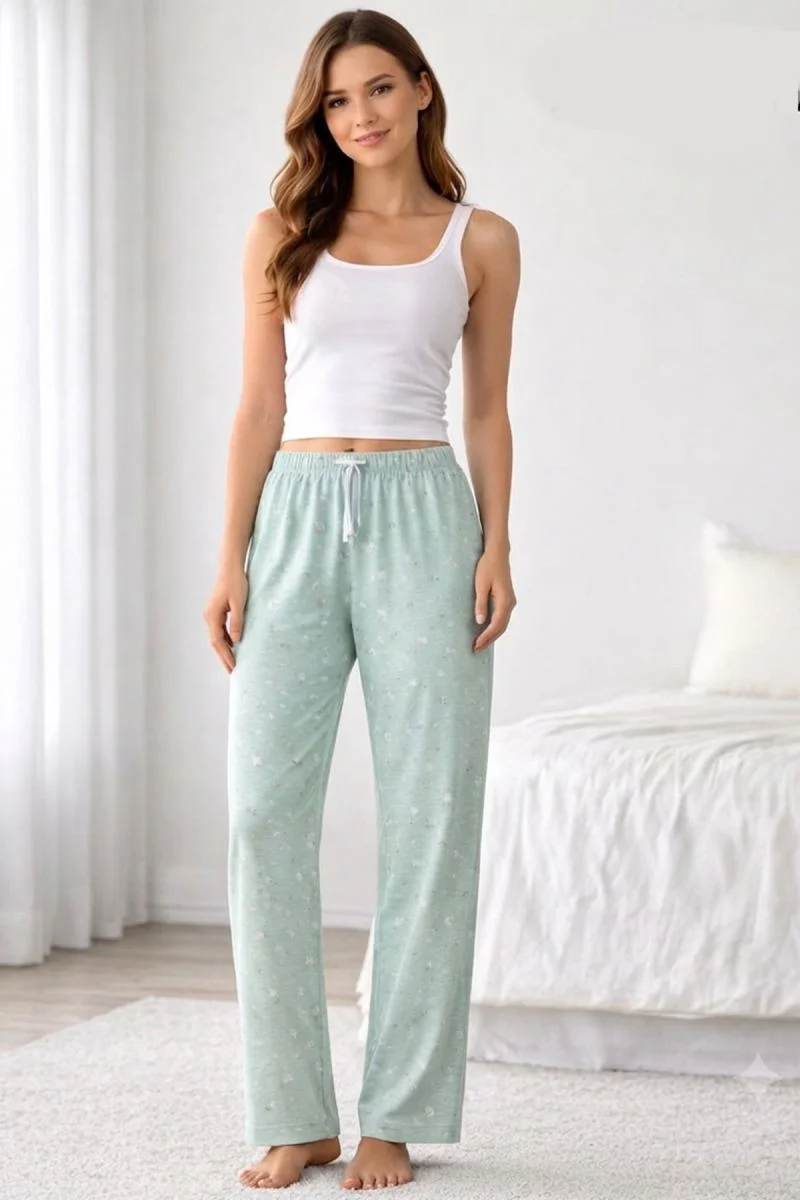 Viskon Pamuklu Kadın Açık Gri Desenli Pijama Pantolon - MG008 - M