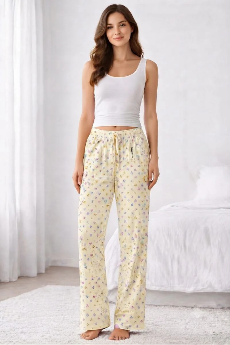 Viskon Pamuklu Kadın Açık Sarı Desenli Pijama Pantolon - MG010 - 
