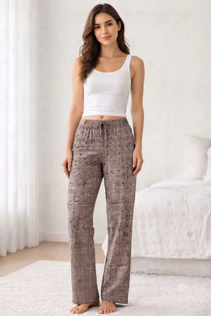 Viskon Pamuklu Kadın Gri Desenli Pijama Pantolon - MG011 - Mudani