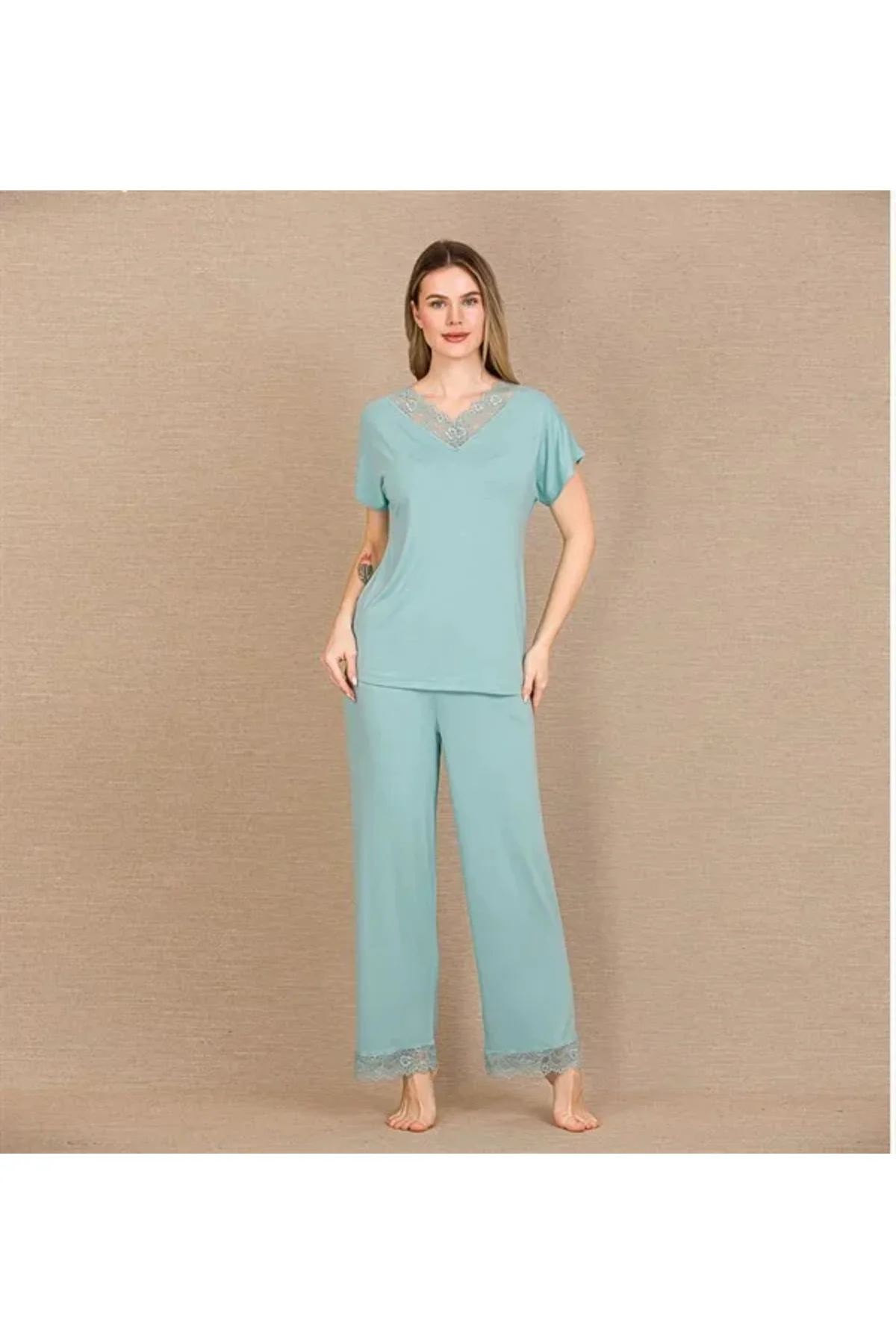 Viskon Şık Tasarım Dantel İşlemeli Mint Yeşil Kısa Kol Pijama Takımı Fiyatı, Yorumları ve Özellikleri